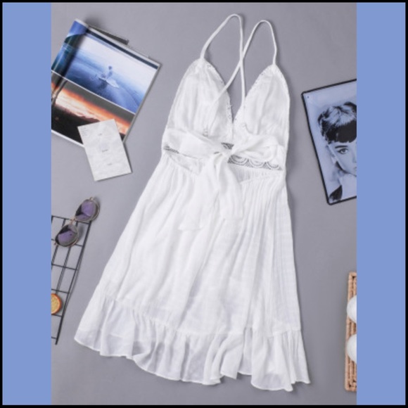 WHITE LACE SPLICING CRISS CROSS LACE-UP V NECK CAMI DRESS Sz M - Picture 10 of 16